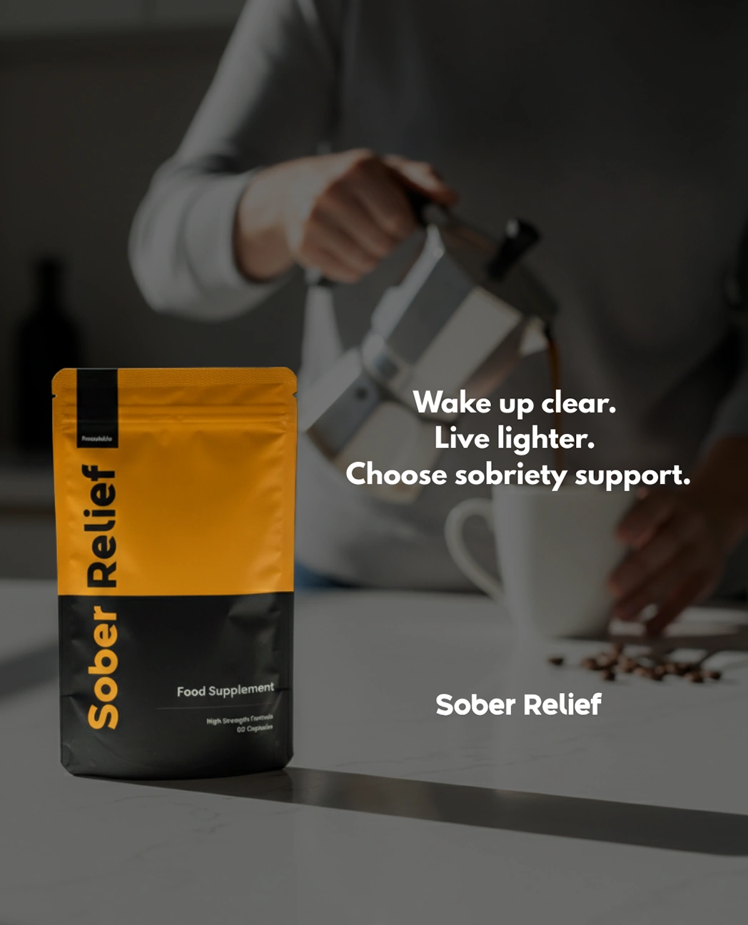 sober relief stop drinking alcohol tablets with text